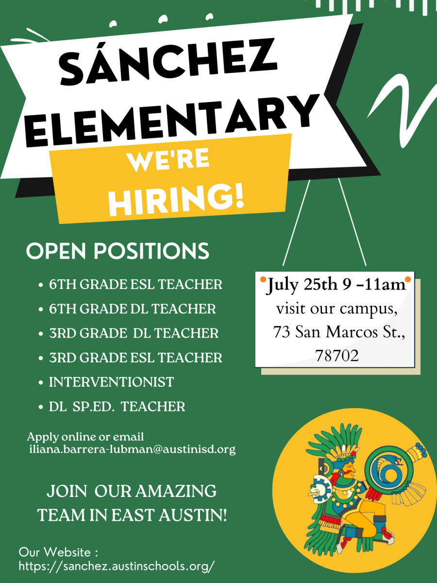 We're hiring! Open positions; 6th ESL & DL Teacher, 3rd ESL & DL Teacher, DL SpEd teacher, and interventionist
